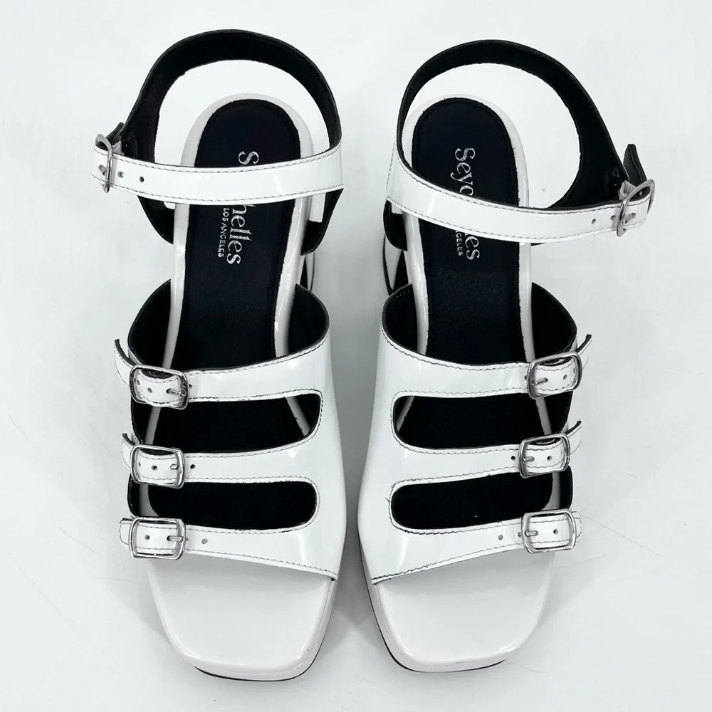 NEW Seychelles Loosen Buckled Up White Patent Leather 90s Platform Sandals 8.5
